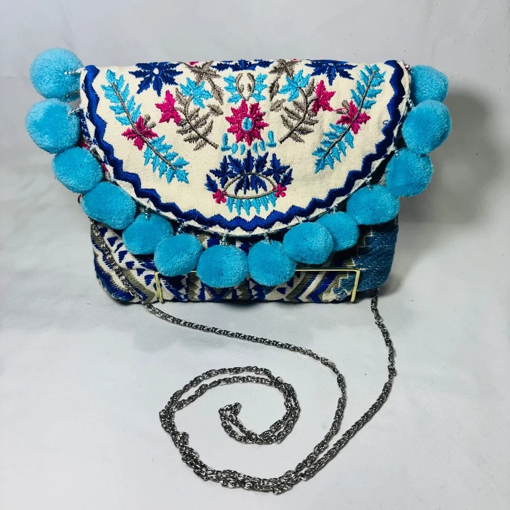 Paper Source Embroidered Pom Pom Crossbody Bag Blue Pink Boho Geometric Clutch